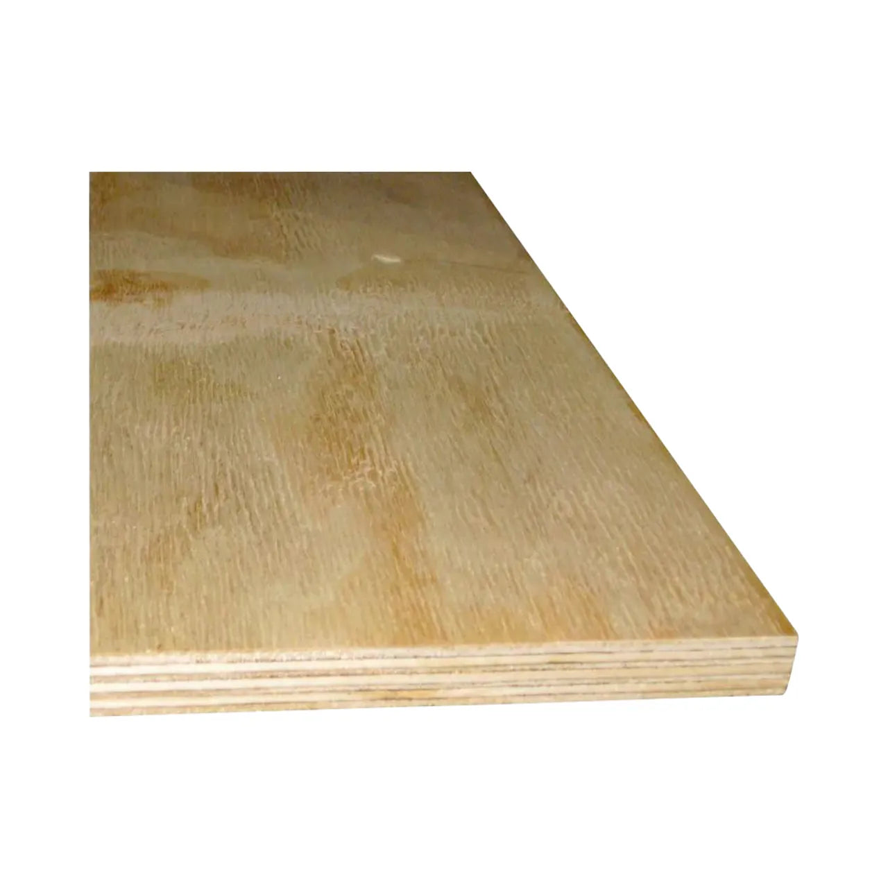 A close-up of the 23/32 in. x 4 ft. x 4 ft. Sanded Plywood by Go Build, The Fastest Way To Build, highlights its layered veneer core and smooth grain surface against a white background.